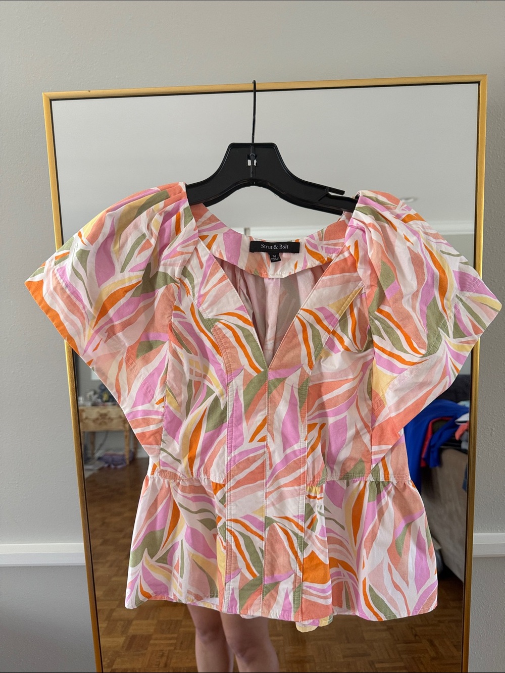 Strut & Bolt Abstract Flutter-Sleeve Peplum Top - Pink Multi